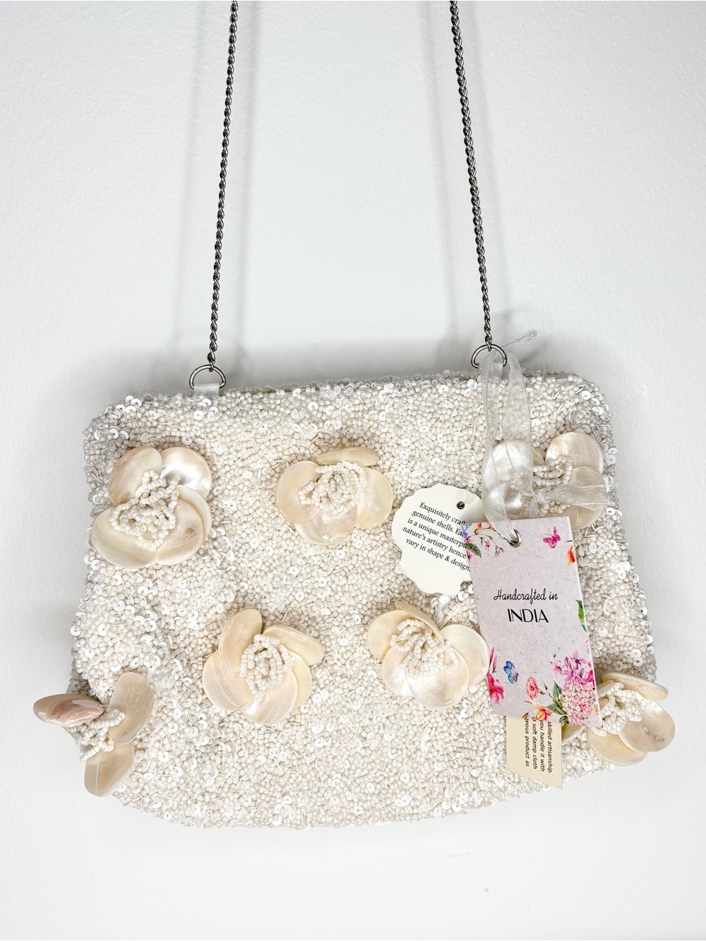 VIRAL Handcrafted in India White Ivory Floral Beaded Bag NWT